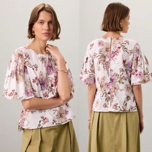 Adam Lippes Floral Flutter Puff Sleeve Blouse Top Size 8